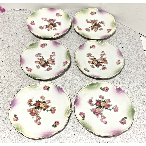 Art Nouveau Germany dessert bread plates set of 6 pink & yellow flowers romantic - Picture 1 of 9